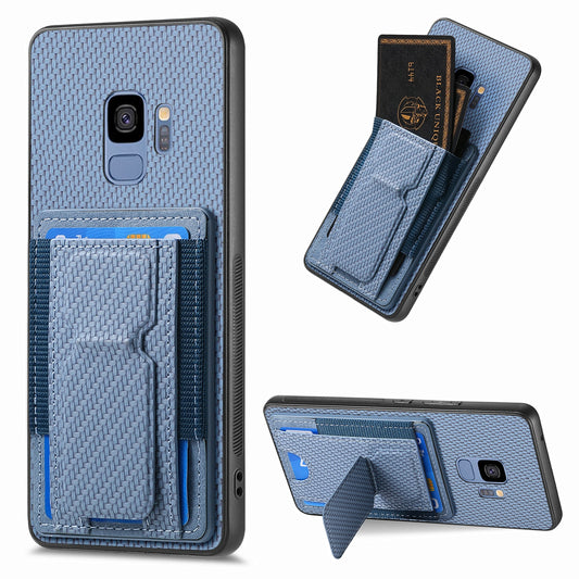 Samsung Galaxy S9 Carbon Fiber Fold Stand Elastic Card Bag Phone Case with Multi-Functional Wallet
