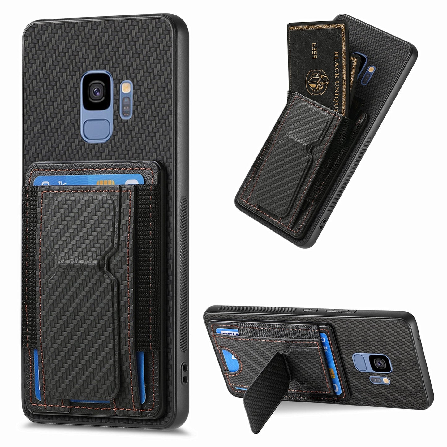 Samsung Galaxy S9 Carbon Fiber Fold Stand Elastic Card Bag Phone Case with Multi-Functional Wallet