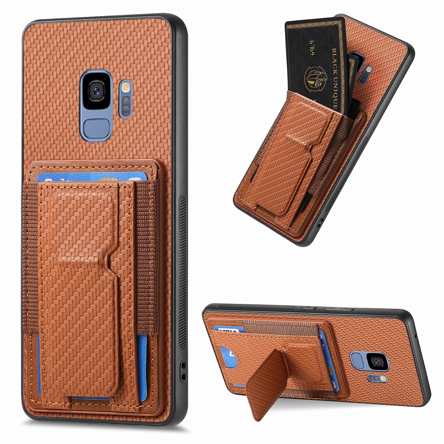 Samsung Galaxy S9 Carbon Fiber Fold Stand Elastic Card Bag Phone Case with Multi-Functional Wallet