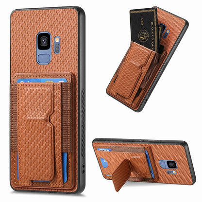 Samsung Galaxy S9 Carbon Fiber Fold Stand Elastic Card Bag Phone Case with Multi-Functional Wallet