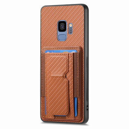Samsung Galaxy S9 Carbon Fiber Fold Stand Elastic Card Bag Phone Case with Multi-Functional Wallet