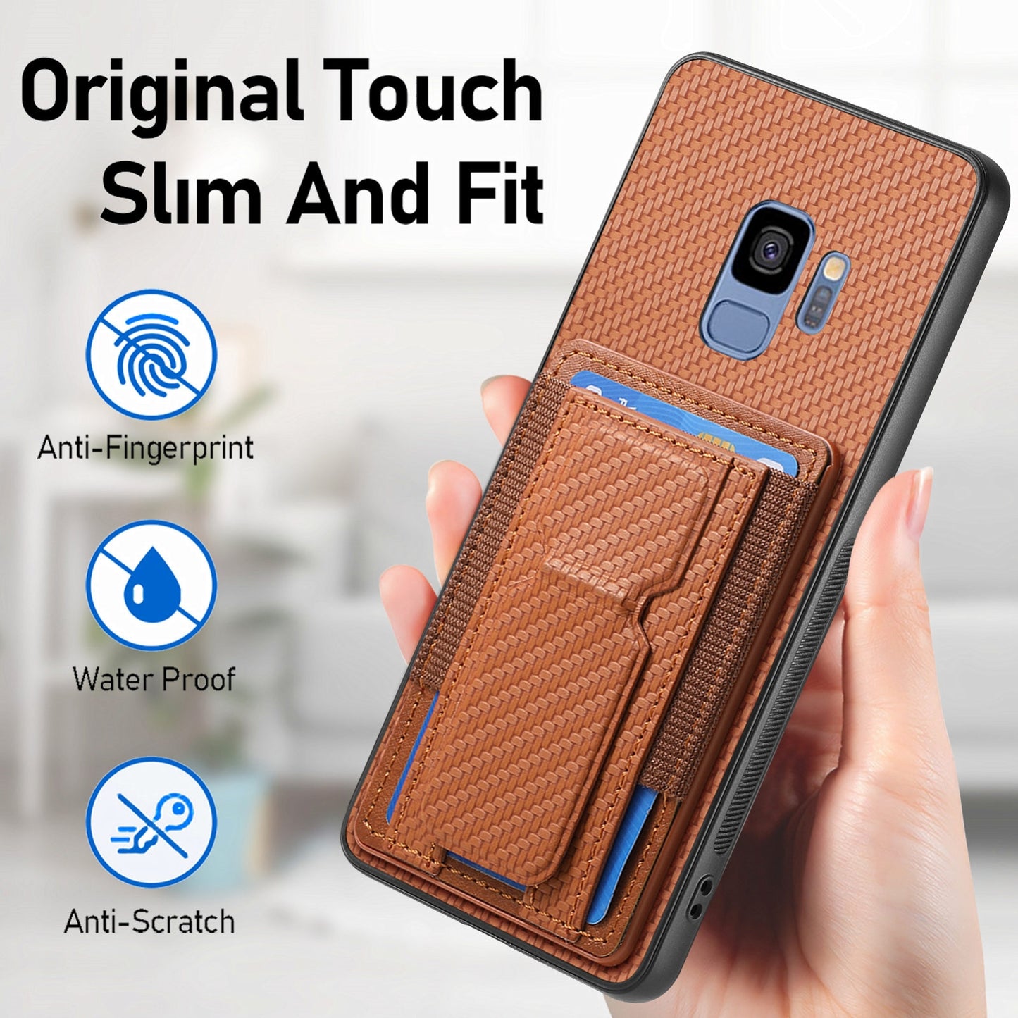 Samsung Galaxy S9 Carbon Fiber Fold Stand Elastic Card Bag Phone Case with Multi-Functional Wallet