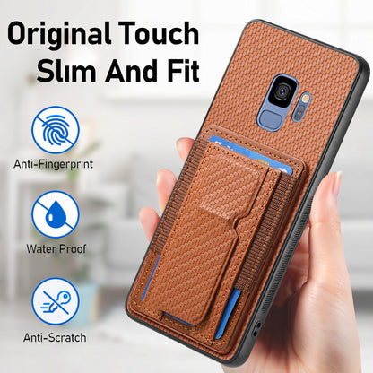 Samsung Galaxy S9 Carbon Fiber Fold Stand Elastic Card Bag Phone Case with Multi-Functional Wallet