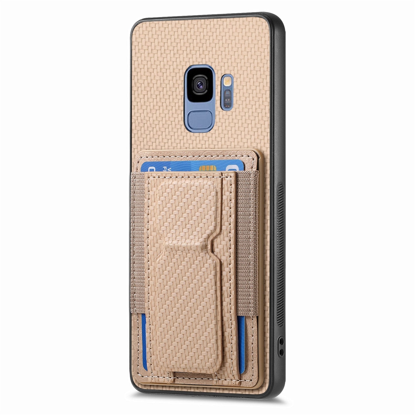 Samsung Galaxy S9 Carbon Fiber Fold Stand Elastic Card Bag Phone Case with Multi-Functional Wallet