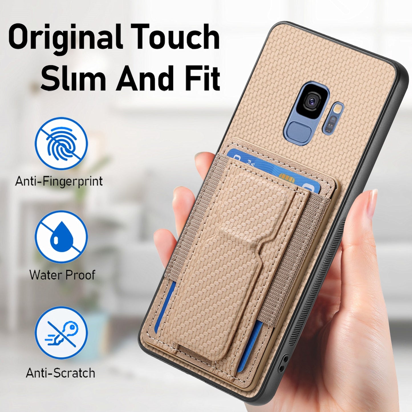 Samsung Galaxy S9 Carbon Fiber Fold Stand Elastic Card Bag Phone Case with Multi-Functional Wallet