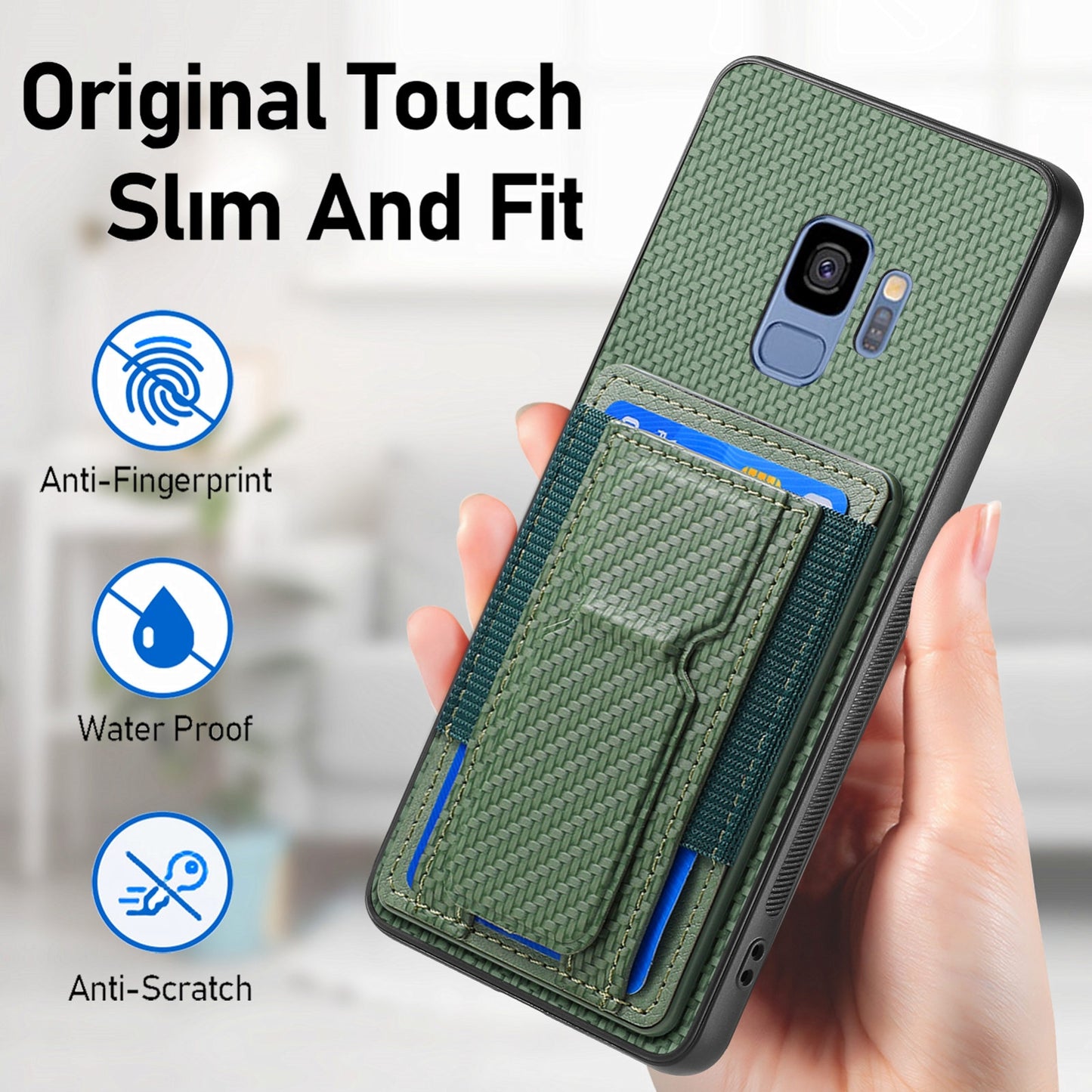 Samsung Galaxy S9 Carbon Fiber Fold Stand Elastic Card Bag Phone Case with Multi-Functional Wallet