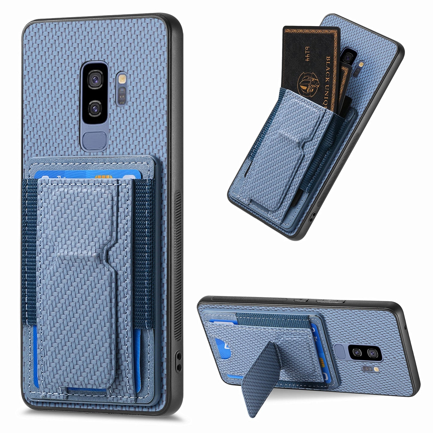 Samsung Galaxy S9+ Carbon Fiber Fold Stand Elastic Card Bag Phone Case with Multi-Functional Wallet