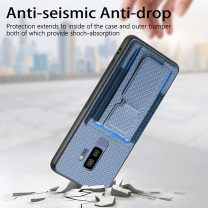 Samsung Galaxy S9+ Carbon Fiber Fold Stand Elastic Card Bag Phone Case with Multi-Functional Wallet