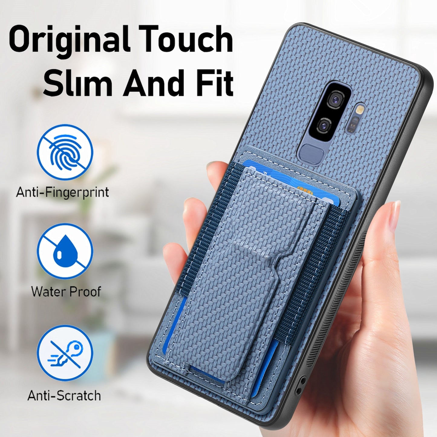 Samsung Galaxy S9+ Carbon Fiber Fold Stand Elastic Card Bag Phone Case with Multi-Functional Wallet