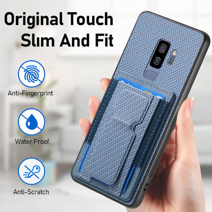 Samsung Galaxy S9+ Carbon Fiber Fold Stand Elastic Card Bag Phone Case with Multi-Functional Wallet