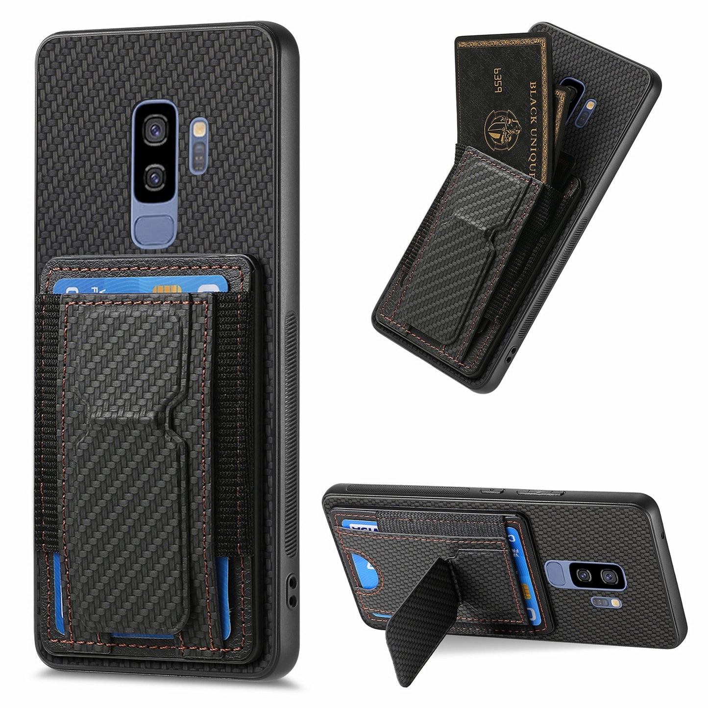 Samsung Galaxy S9+ Carbon Fiber Fold Stand Elastic Card Bag Phone Case with Multi-Functional Wallet