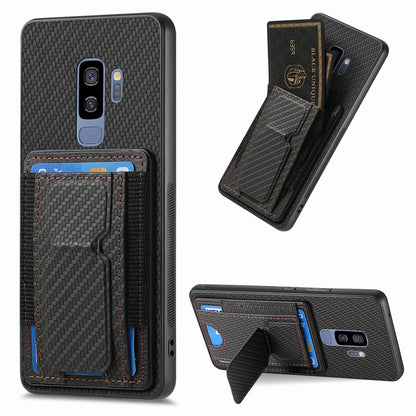 Samsung Galaxy S9+ Carbon Fiber Fold Stand Elastic Card Bag Phone Case with Multi-Functional Wallet