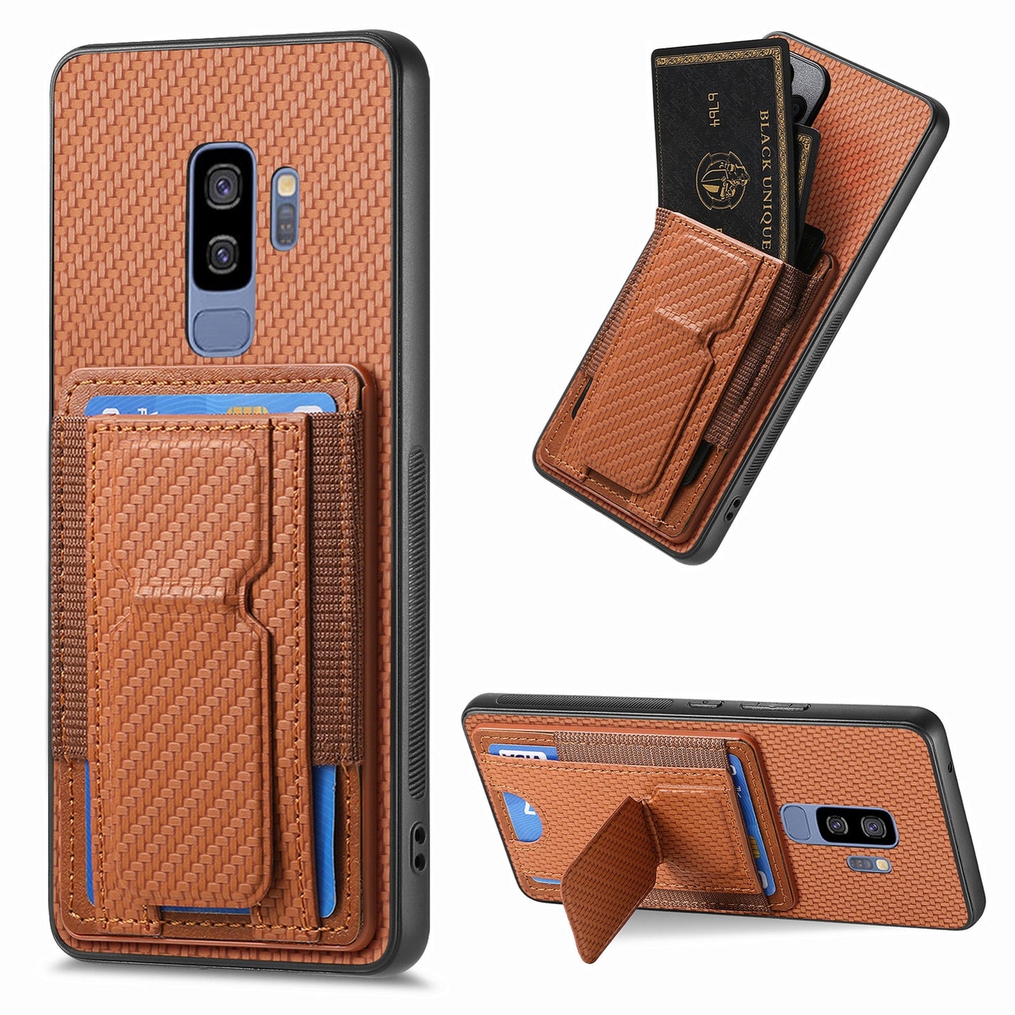 Samsung Galaxy S9+ Carbon Fiber Fold Stand Elastic Card Bag Phone Case with Multi-Functional Wallet