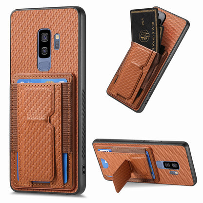Samsung Galaxy S9+ Carbon Fiber Fold Stand Elastic Card Bag Phone Case with Multi-Functional Wallet