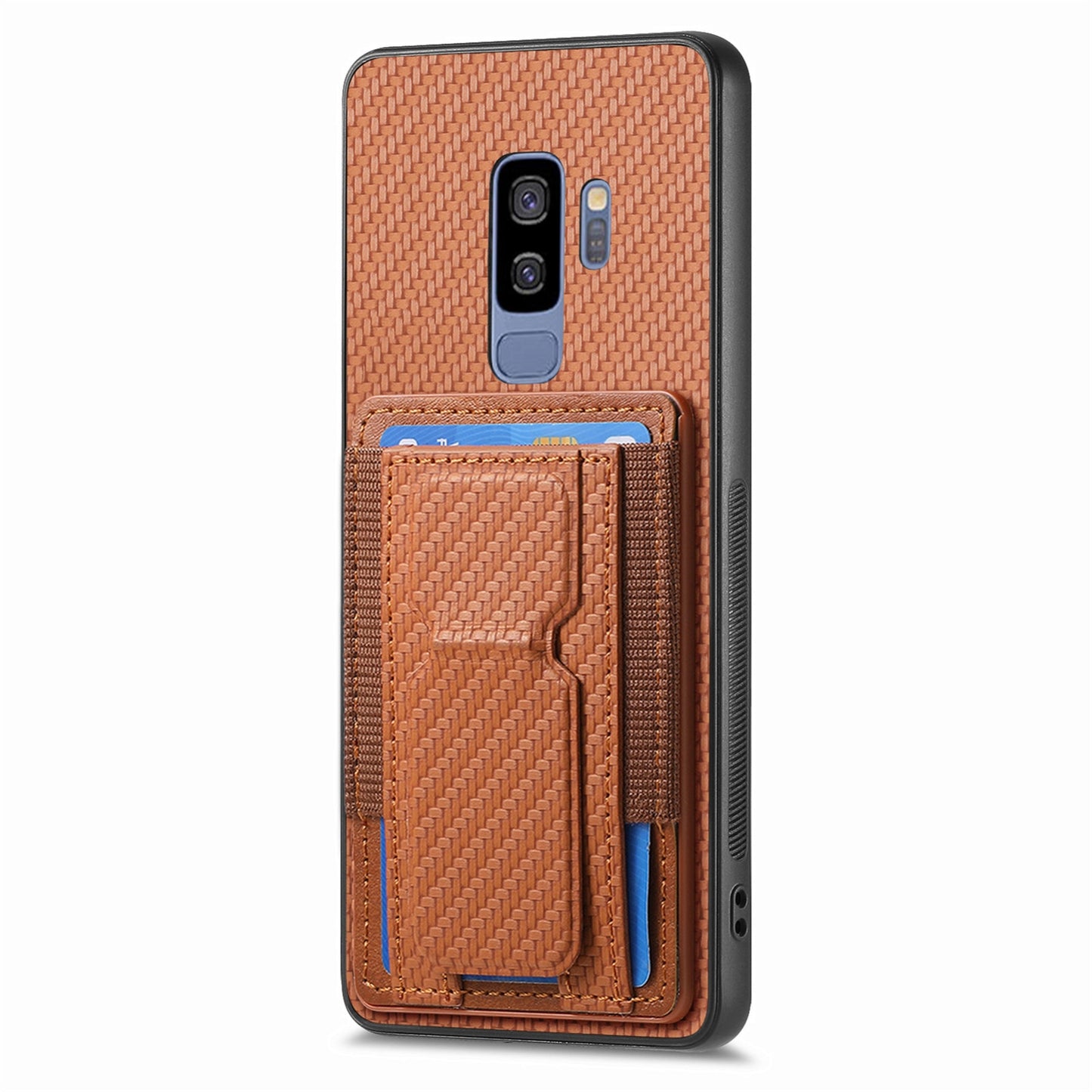 Samsung Galaxy S9+ Carbon Fiber Fold Stand Elastic Card Bag Phone Case with Multi-Functional Wallet