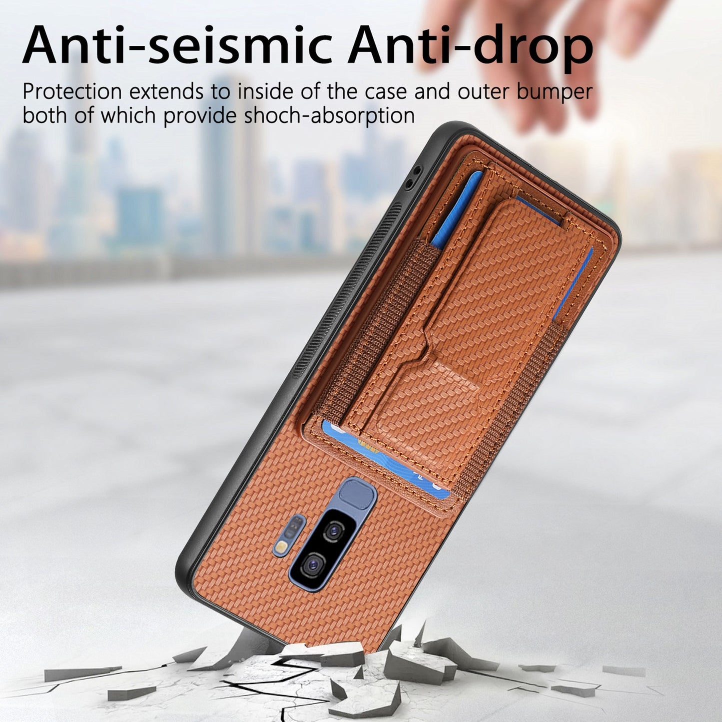 Samsung Galaxy S9+ Carbon Fiber Fold Stand Elastic Card Bag Phone Case with Multi-Functional Wallet