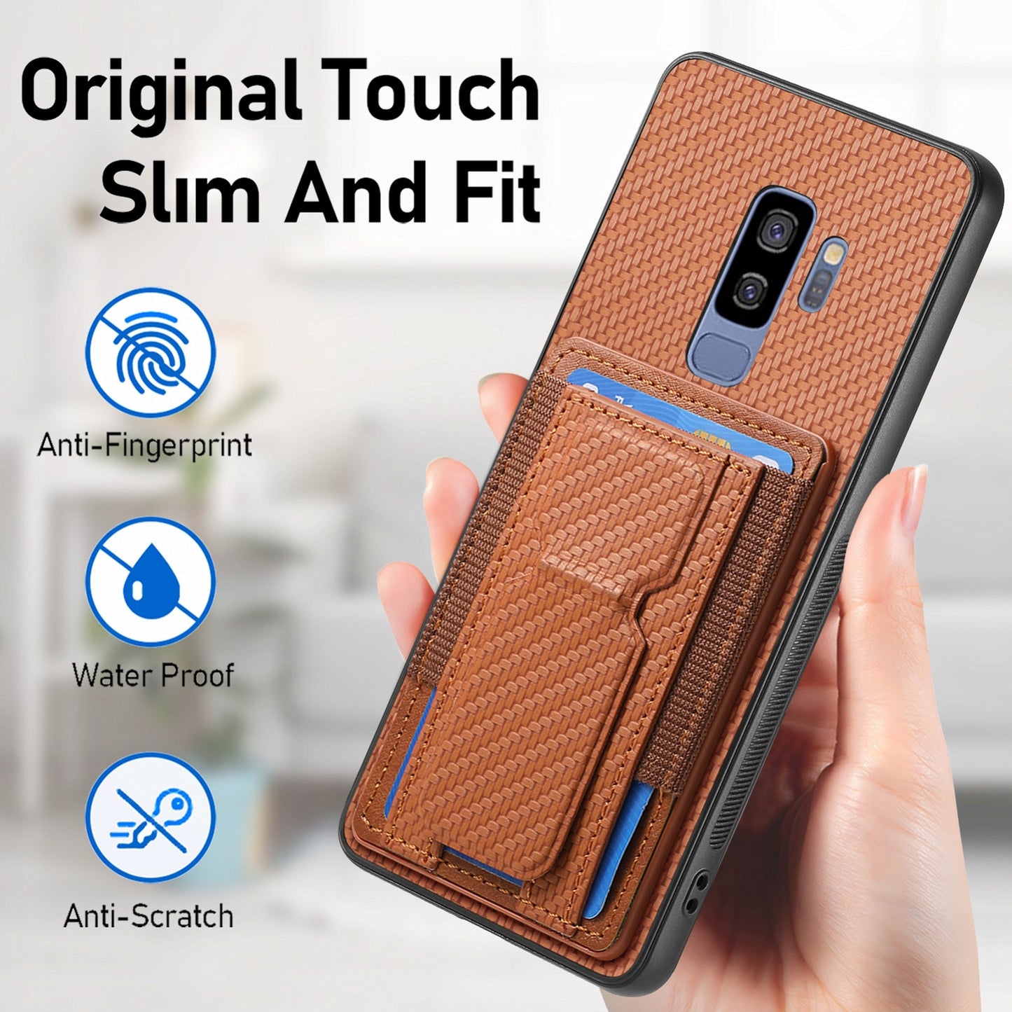 Samsung Galaxy S9+ Carbon Fiber Fold Stand Elastic Card Bag Phone Case with Multi-Functional Wallet