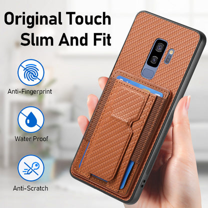 Samsung Galaxy S9+ Carbon Fiber Fold Stand Elastic Card Bag Phone Case with Multi-Functional Wallet