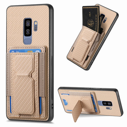 Samsung Galaxy S9+ Carbon Fiber Fold Stand Elastic Card Bag Phone Case with Multi-Functional Wallet