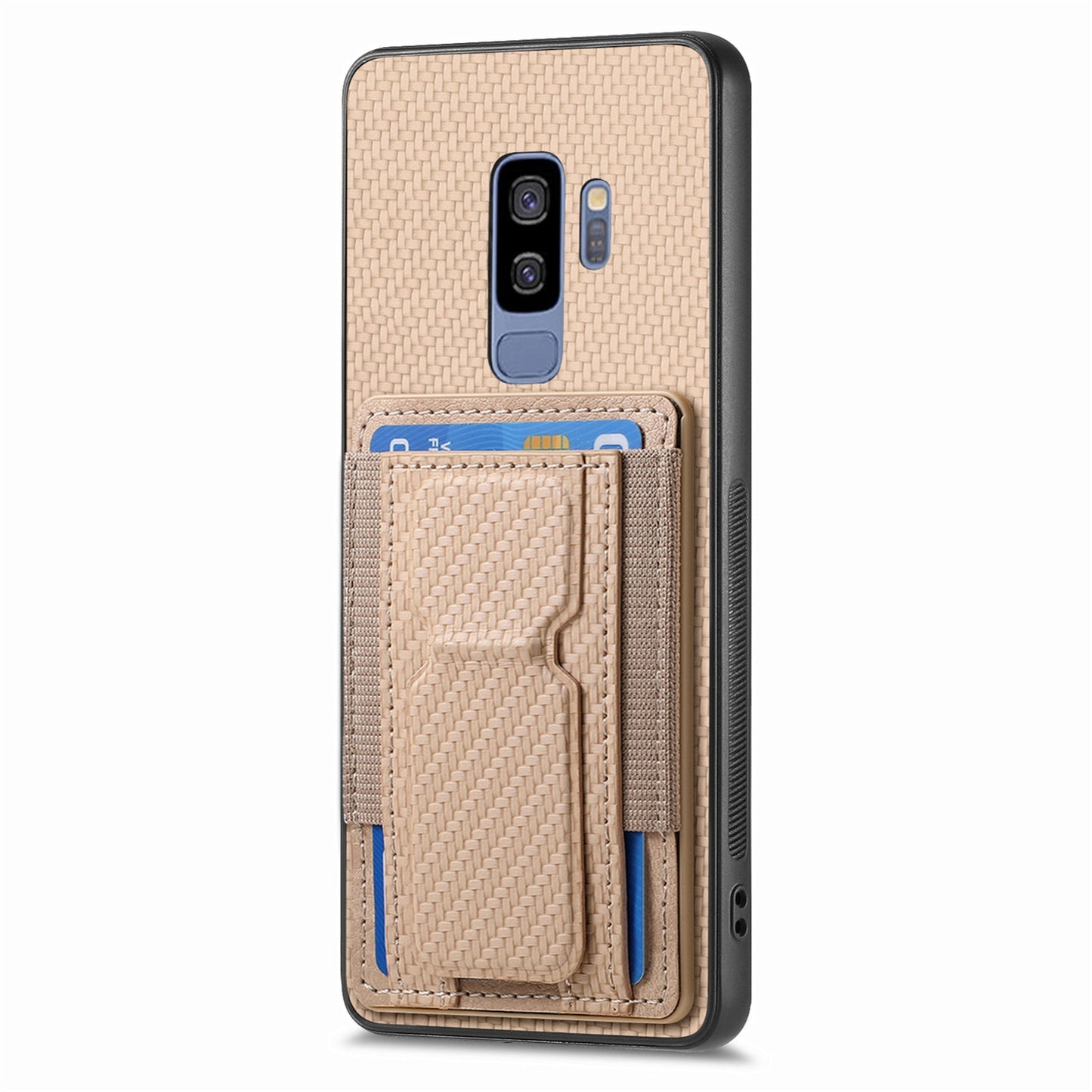 Samsung Galaxy S9+ Carbon Fiber Fold Stand Elastic Card Bag Phone Case with Multi-Functional Wallet