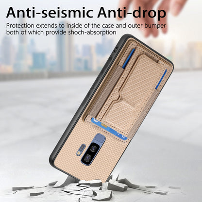 Samsung Galaxy S9+ Carbon Fiber Fold Stand Elastic Card Bag Phone Case with Multi-Functional Wallet