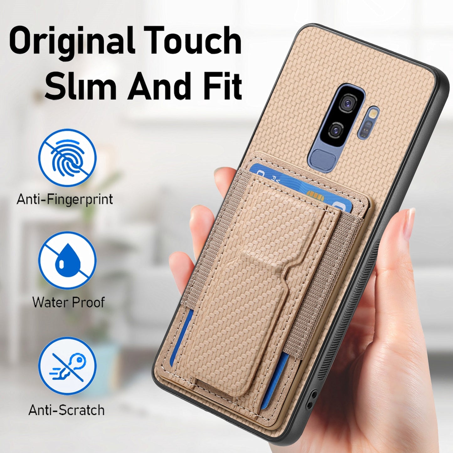 Samsung Galaxy S9+ Carbon Fiber Fold Stand Elastic Card Bag Phone Case with Multi-Functional Wallet