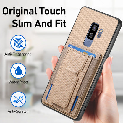 Samsung Galaxy S9+ Carbon Fiber Fold Stand Elastic Card Bag Phone Case with Multi-Functional Wallet
