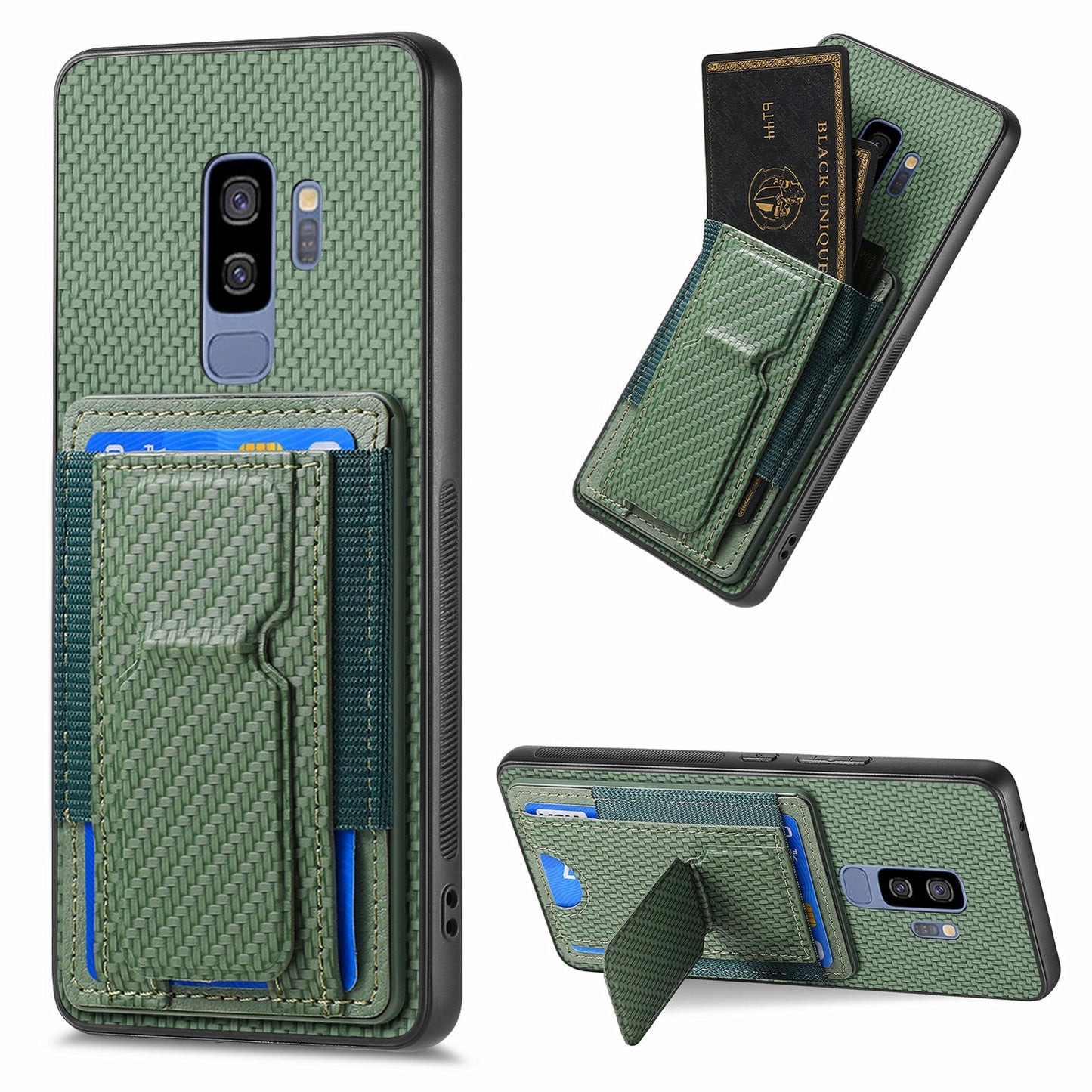 Samsung Galaxy S9+ Carbon Fiber Fold Stand Elastic Card Bag Phone Case with Multi-Functional Wallet