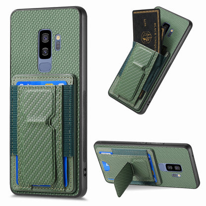 Samsung Galaxy S9+ Carbon Fiber Fold Stand Elastic Card Bag Phone Case with Multi-Functional Wallet