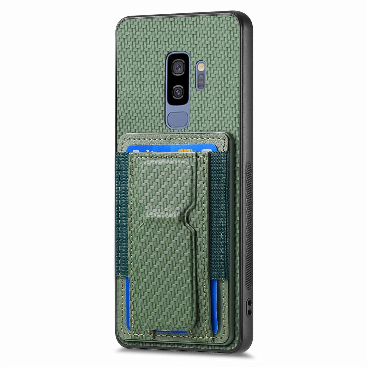 Samsung Galaxy S9+ Carbon Fiber Fold Stand Elastic Card Bag Phone Case with Multi-Functional Wallet