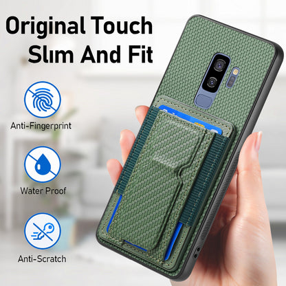 Samsung Galaxy S9+ Carbon Fiber Fold Stand Elastic Card Bag Phone Case with Multi-Functional Wallet