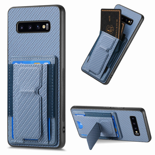 Samsung Galaxy S10 Carbon Fiber Fold Stand Elastic Card Bag Phone Case with Multi-Functional Wallet