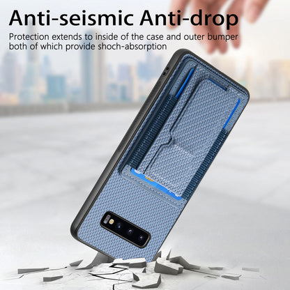 Samsung Galaxy S10 Carbon Fiber Fold Stand Elastic Card Bag Phone Case with Multi-Functional Wallet
