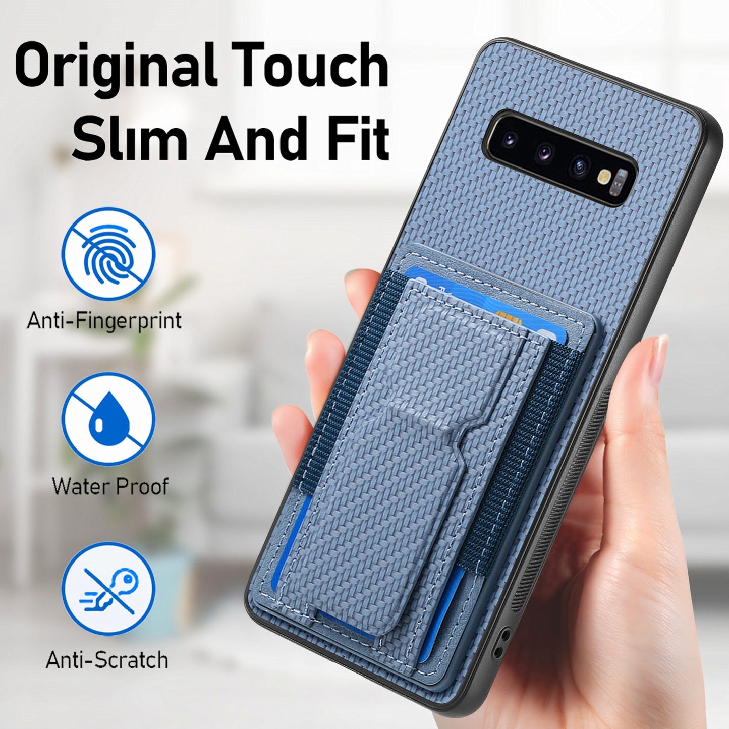 Samsung Galaxy S10 Carbon Fiber Fold Stand Elastic Card Bag Phone Case with Multi-Functional Wallet