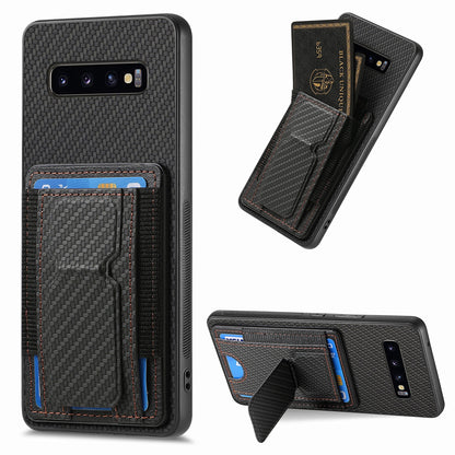 Samsung Galaxy S10 Carbon Fiber Fold Stand Elastic Card Bag Phone Case with Multi-Functional Wallet