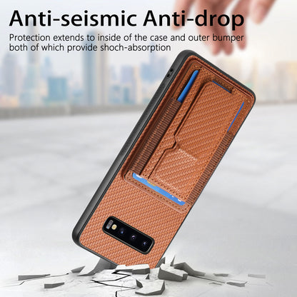 Samsung Galaxy S10 Carbon Fiber Fold Stand Elastic Card Bag Phone Case with Multi-Functional Wallet