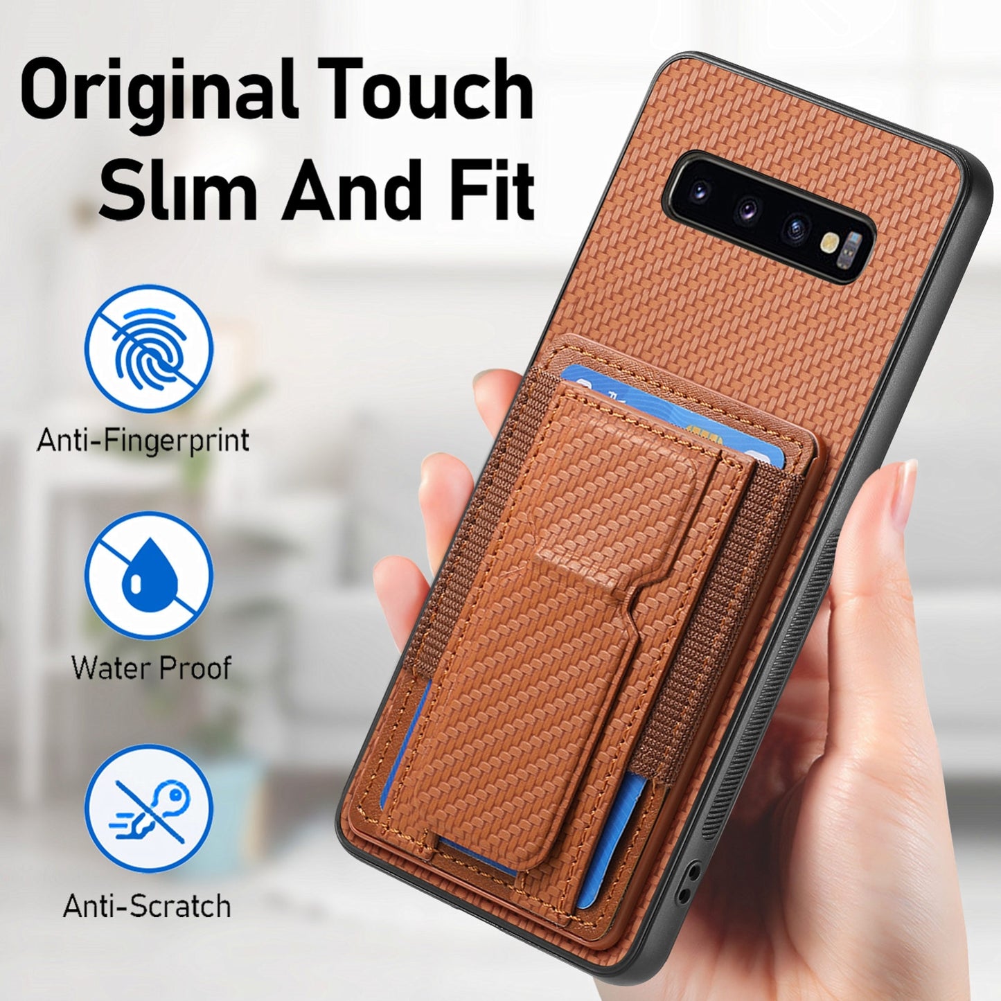 Samsung Galaxy S10 Carbon Fiber Fold Stand Elastic Card Bag Phone Case with Multi-Functional Wallet