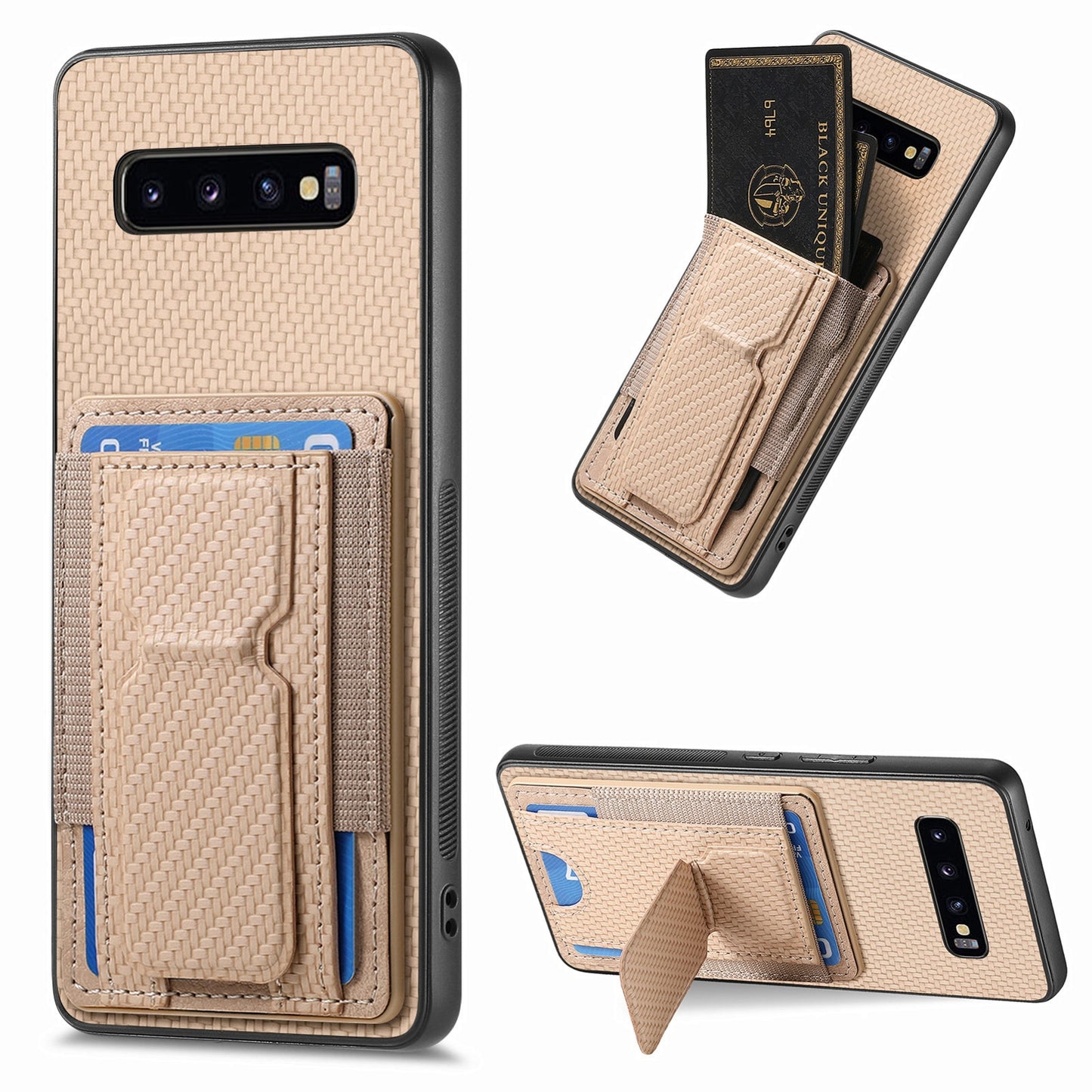 Samsung Galaxy S10 Carbon Fiber Fold Stand Elastic Card Bag Phone Case with Multi-Functional Wallet