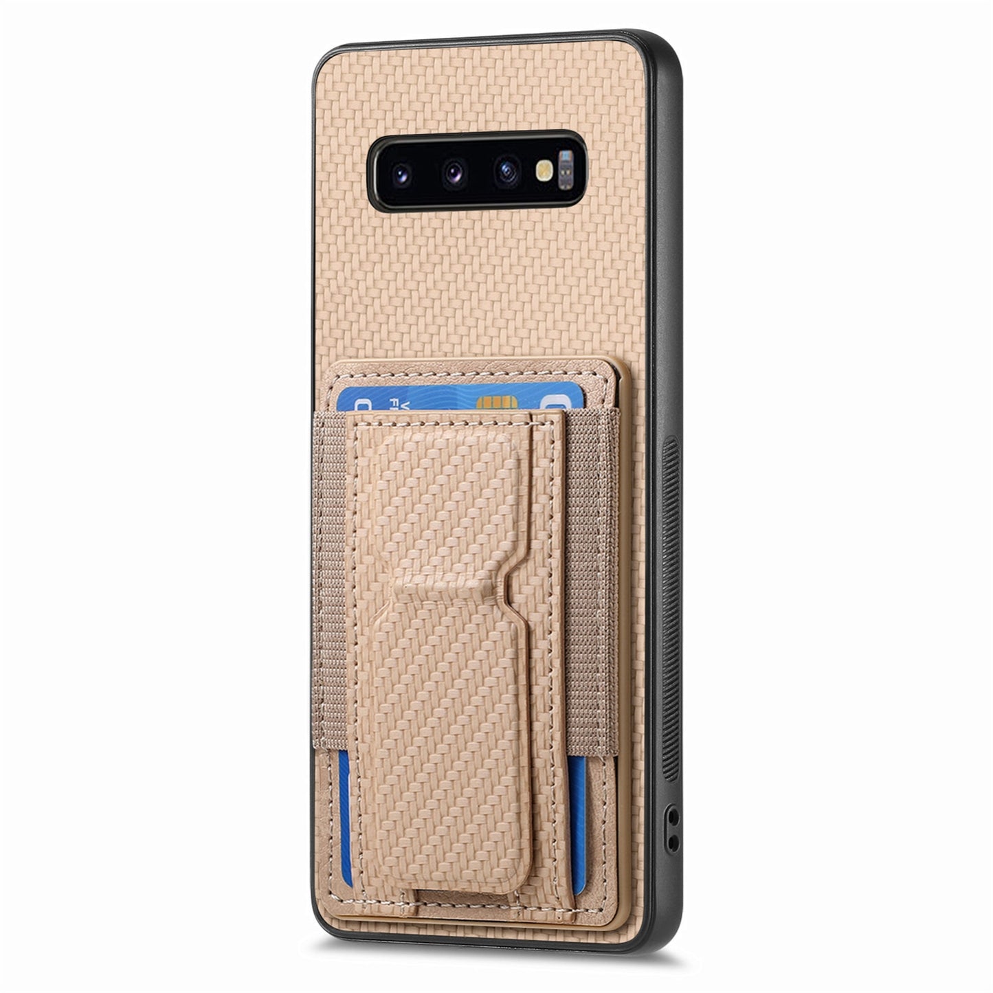 Samsung Galaxy S10 Carbon Fiber Fold Stand Elastic Card Bag Phone Case with Multi-Functional Wallet