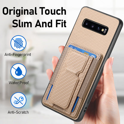 Samsung Galaxy S10 Carbon Fiber Fold Stand Elastic Card Bag Phone Case with Multi-Functional Wallet