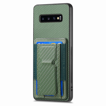 Samsung Galaxy S10 Carbon Fiber Fold Stand Elastic Card Bag Phone Case with Multi-Functional Wallet