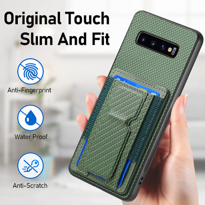 Samsung Galaxy S10 Carbon Fiber Fold Stand Elastic Card Bag Phone Case with Multi-Functional Wallet