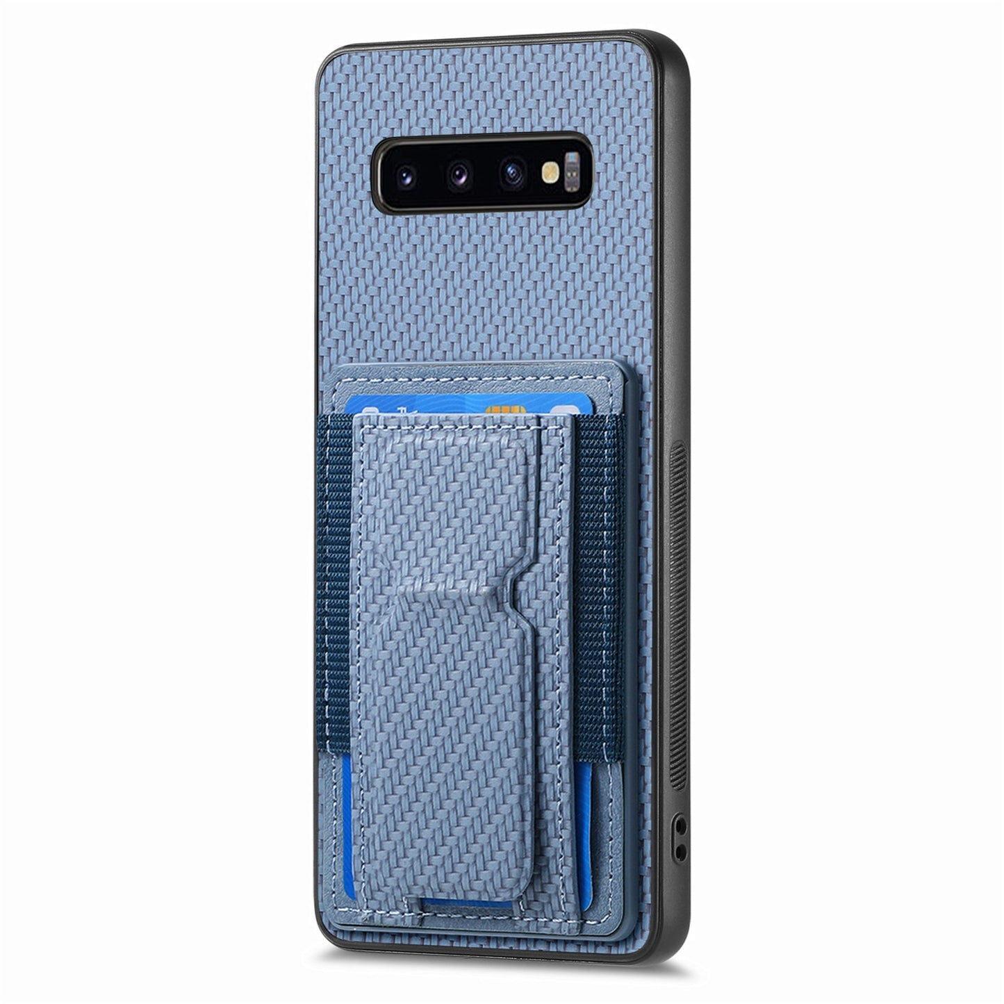 Samsung Galaxy S10+ Carbon Fiber Fold Stand Elastic Card Bag Phone Case with Multi-Functional Wallet