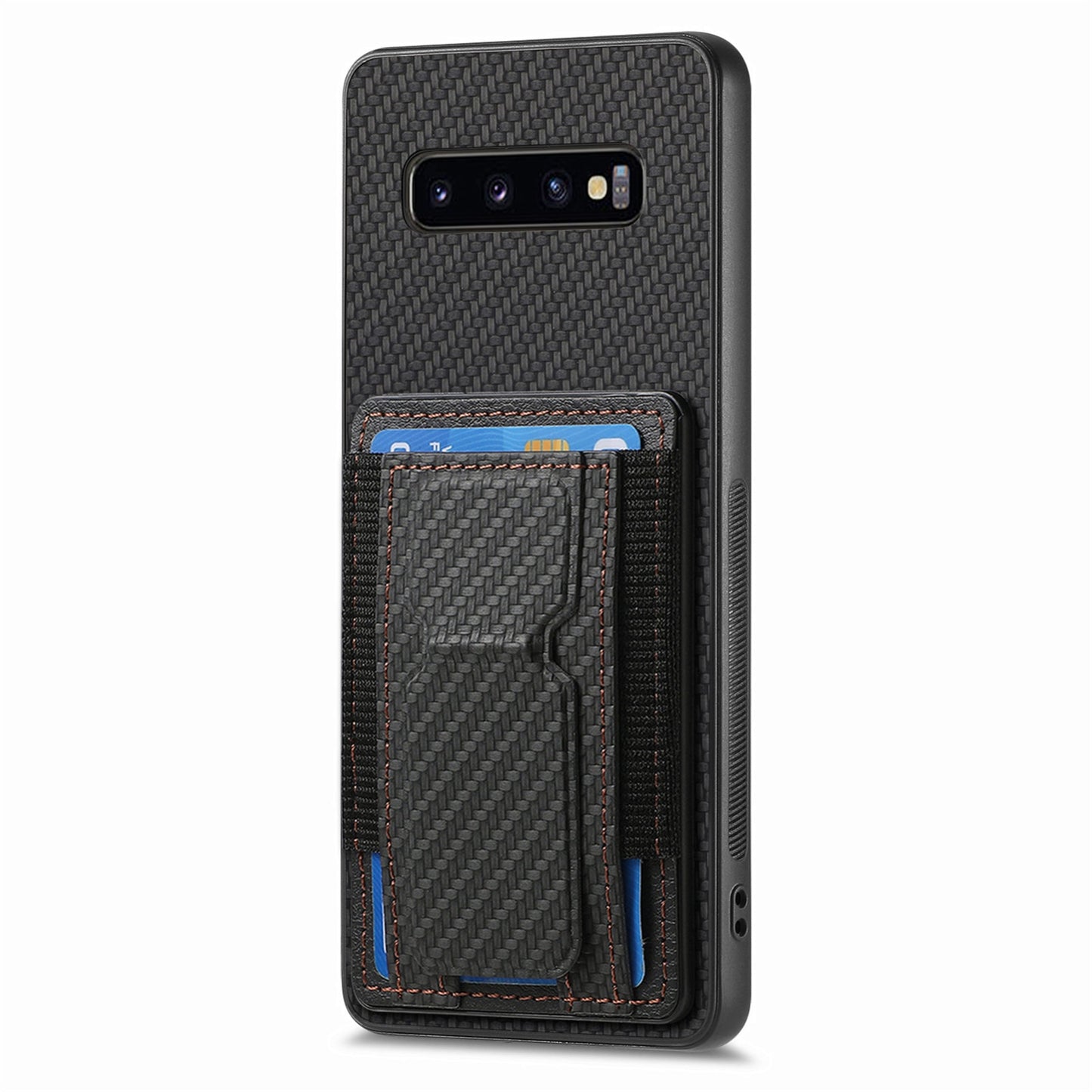 Samsung Galaxy S10+ Carbon Fiber Fold Stand Elastic Card Bag Phone Case with Multi-Functional Wallet