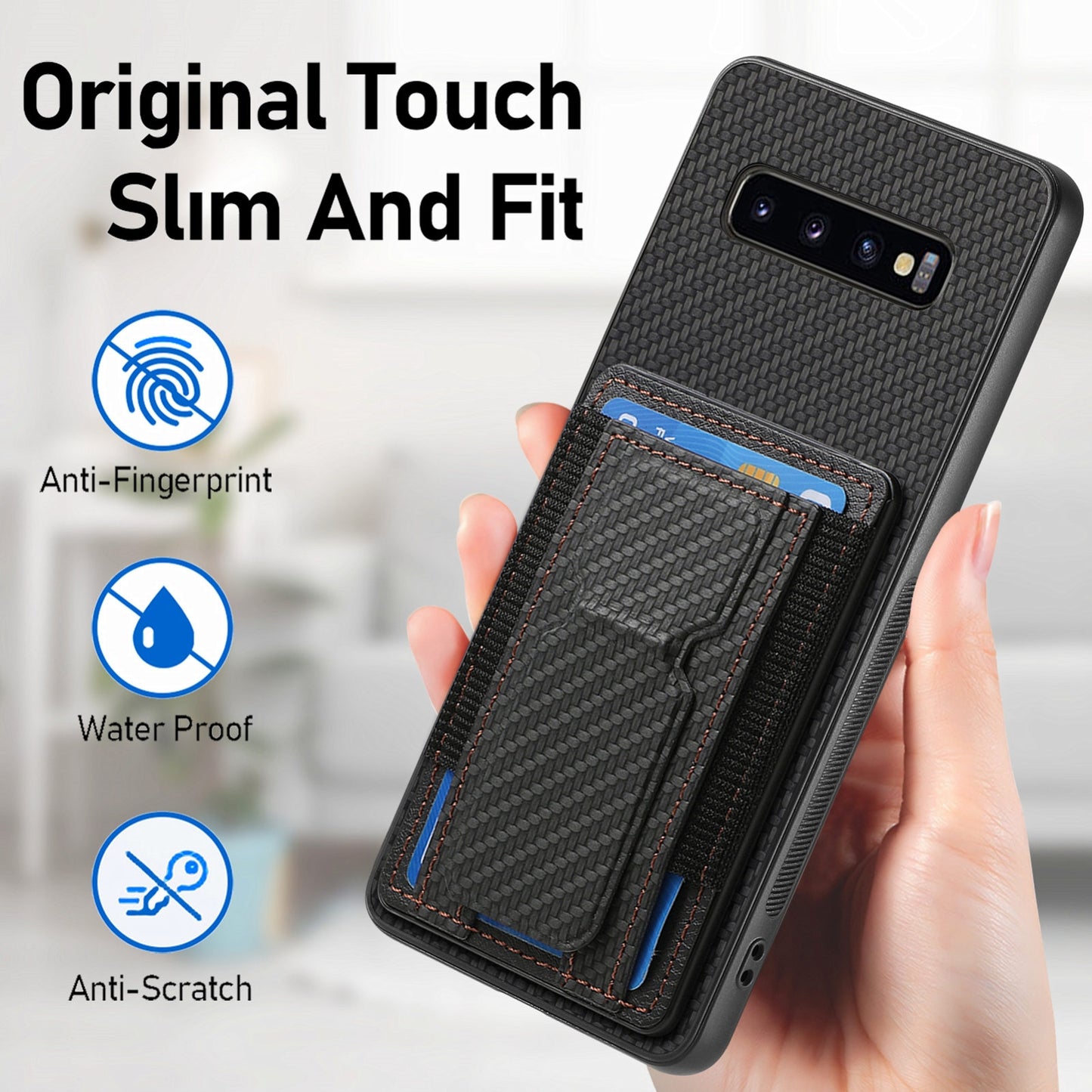 Samsung Galaxy S10+ Carbon Fiber Fold Stand Elastic Card Bag Phone Case with Multi-Functional Wallet