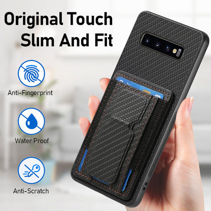 Samsung Galaxy S10+ Carbon Fiber Fold Stand Elastic Card Bag Phone Case with Multi-Functional Wallet