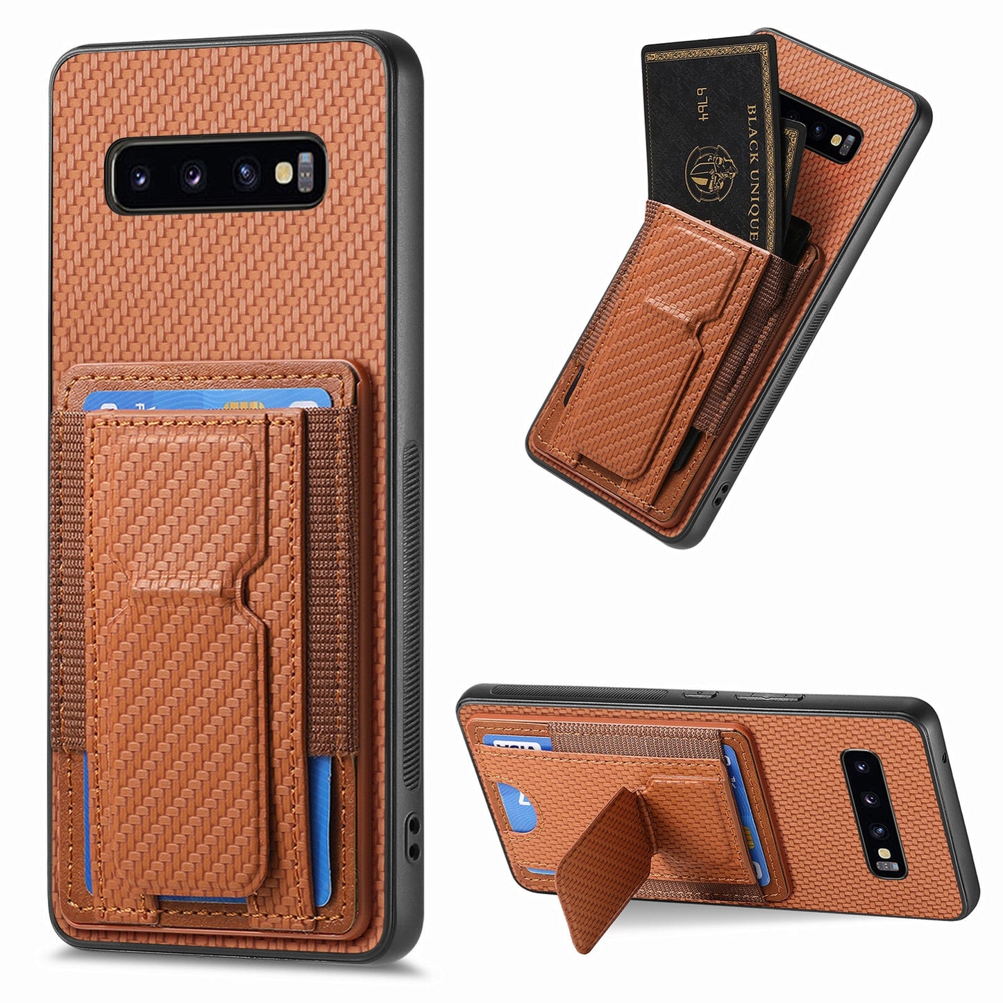 Samsung Galaxy S10+ Carbon Fiber Fold Stand Elastic Card Bag Phone Case with Multi-Functional Wallet