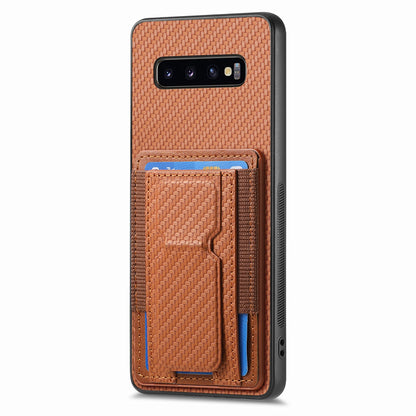 Samsung Galaxy S10+ Carbon Fiber Fold Stand Elastic Card Bag Phone Case with Multi-Functional Wallet