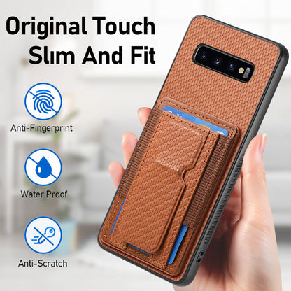 Samsung Galaxy S10+ Carbon Fiber Fold Stand Elastic Card Bag Phone Case with Multi-Functional Wallet