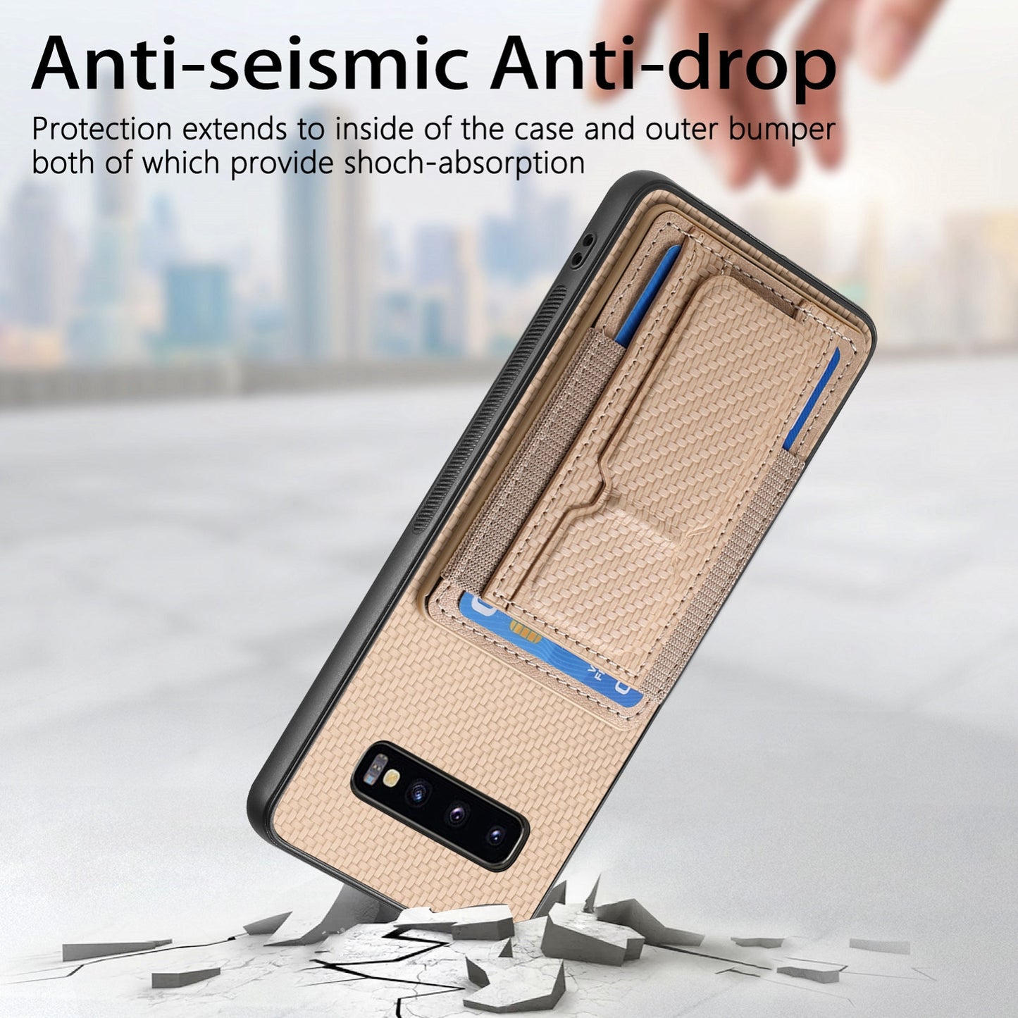 Samsung Galaxy S10+ Carbon Fiber Fold Stand Elastic Card Bag Phone Case with Multi-Functional Wallet